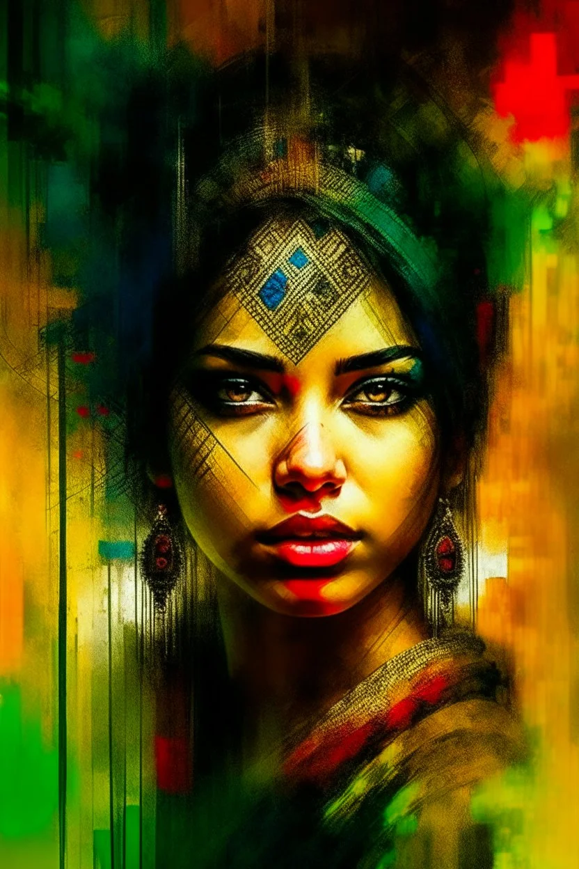 Portrait of An Indian beautiful woman by Jeremy Mann and Russ Mills, 8k resolution concept art triadic colors intricately detailed trending on Artstation