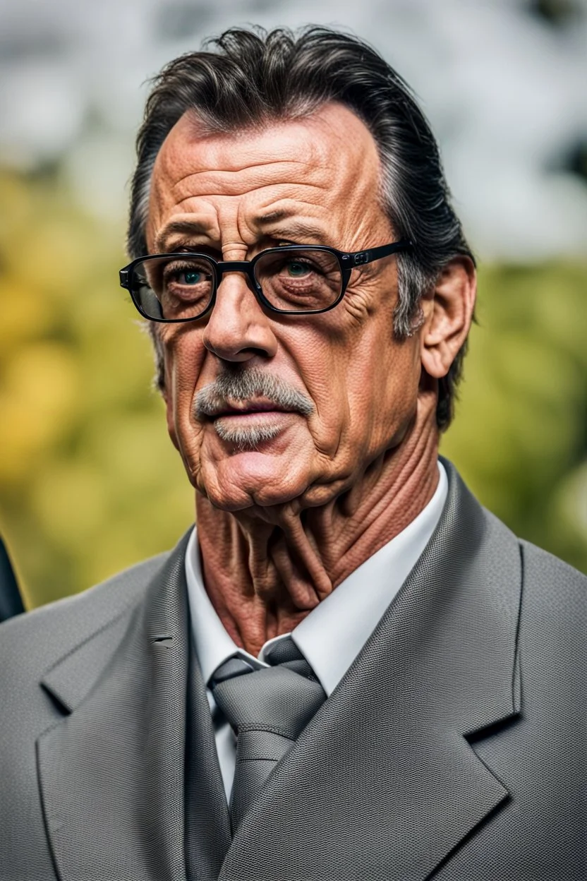 sylvester stallone, Photographed with Canon EOS R5, 50mm lens, depth of field, shutter speed 1/1000, f/2.8, white balance, 6000k. High resolution, realistic details, HDR effects, film grain, 4K