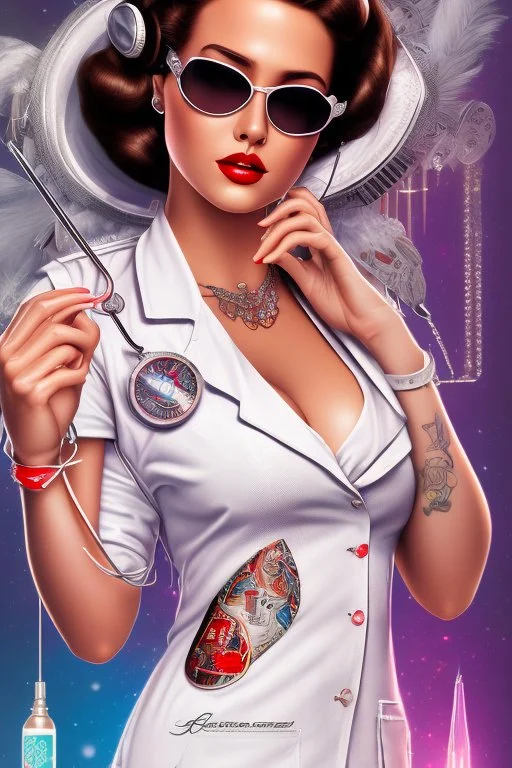 Retro-futuristic intricately drawn nurse Pin up Poster, detailed face. Beautiful woman. big retro sunglasses, body tattooed, bra, stockings, Full body hiphop street wear drip highly detailed, hyper detailed painting, complex, 8K, HD