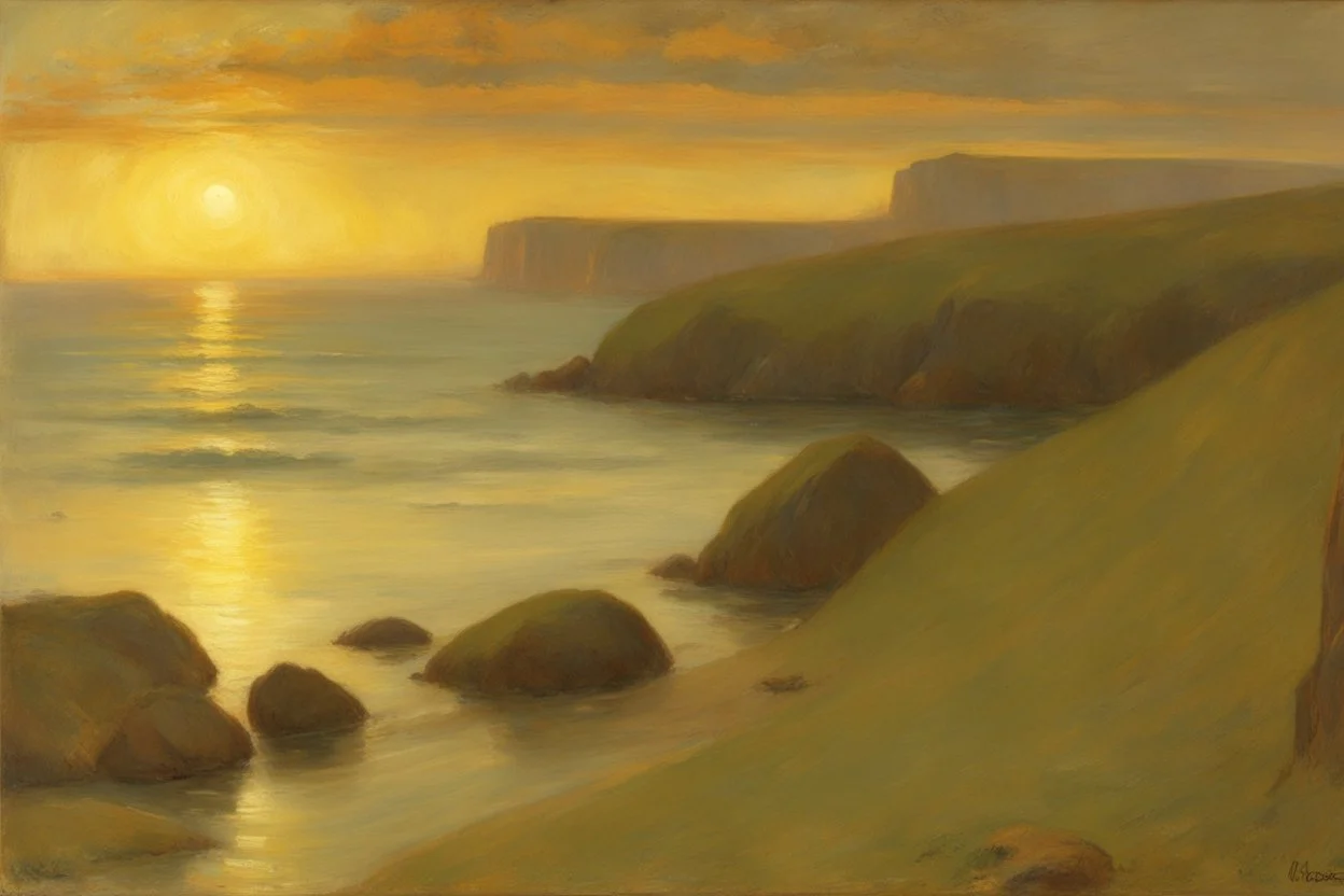 beautiful sunset rocks, lagoon, sci-fi movies influence, cosmic and philosophic influence, william stott and george clausen impressionism paintings