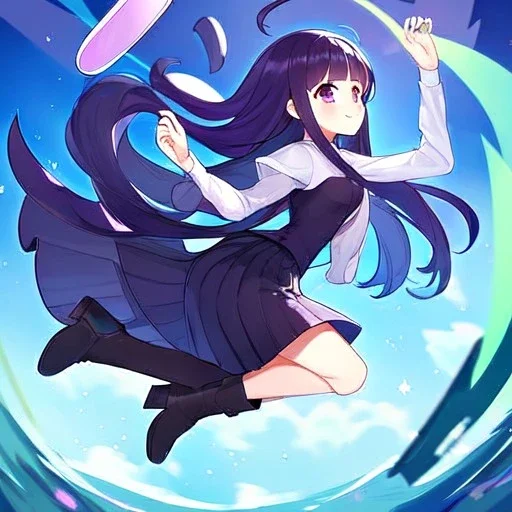 Clear focus,High resolution, Black long straight hair, and purple eyes, wearing a skirt,with stocking, with long boots on, Happy, Jumping