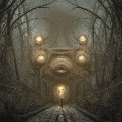 a long tunnel made up of tons of eyes, eerie, creepy, threatening, intricate, gregory grie, naoto hattori, mihai criste, sara arasteh, 8k resolution, high-quality, fine-detail, intricate, digital art, detailed matte, volumetric lighting, dynamic lighting,