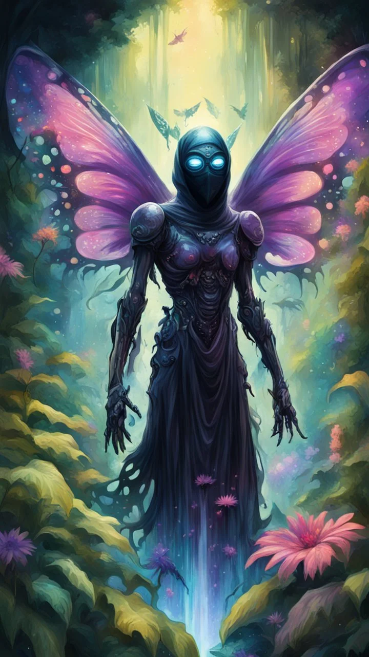 portrait of masked ninja angel wing butterfly dementor psychedelic interdimensional robot in the garden, waterfall and elves ,lotsa wild weed, in spotlight, magazine cover illustration with spray paint, signed, bokeh like, down-light, unreal engine, prize winning