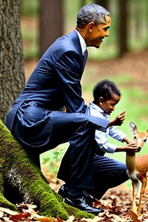 Obama as a forest nymph in the woods raising a baby deer as her own high quality