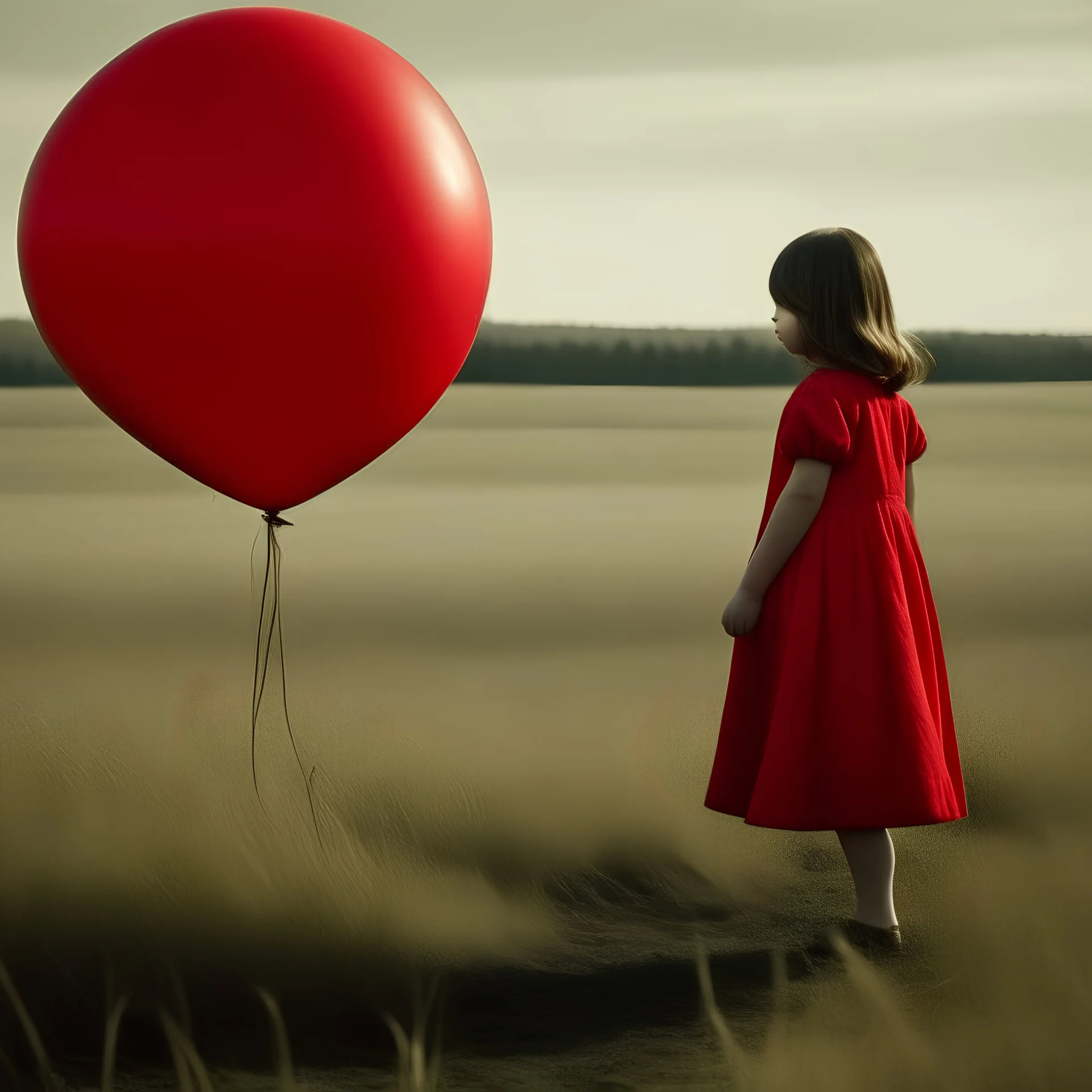 A girl talking to à red balloon, in a field