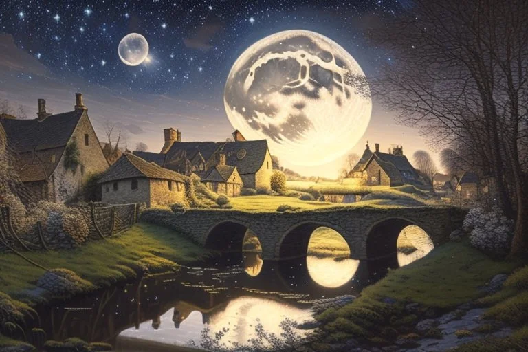 A Cotswold village, a brook, a bridge, Full moon, beautiful celestial sky, Milky Way, hyper-detailed art by Ivan Kramskoi. elegant intricate oil on canvas beautiful high detail award winning fantastic view crisp quality hdr