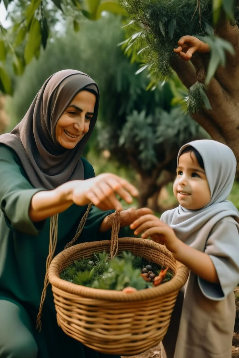 A mother wearing a hijab picks olives from the tree, and a son holds the basket sideways and is happy