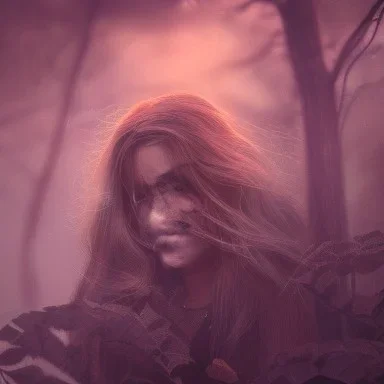 Female, long blond hair, make up, high lights, rusted, diffuse lighting,polished, intricate,highly detailed, illustration, clouds, foggy scene bordered with leaves