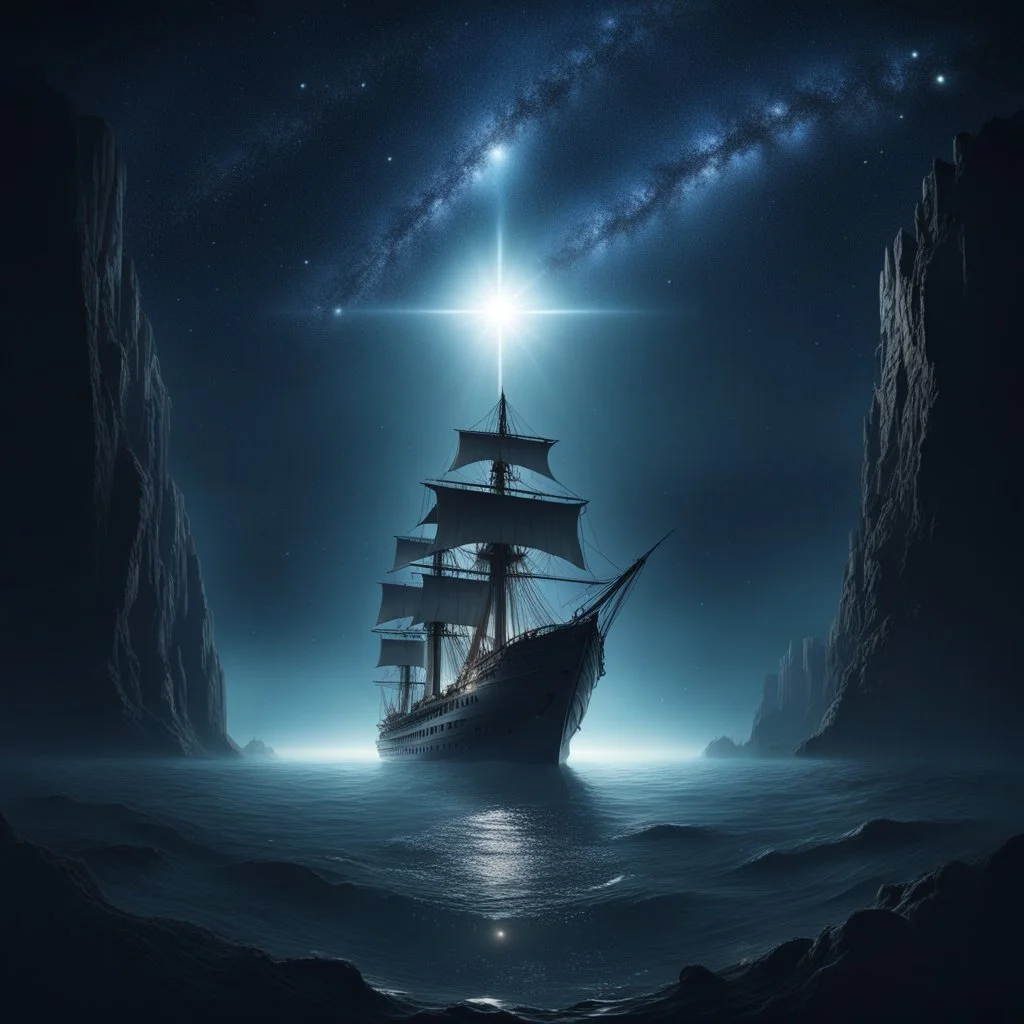 A ship under a shining star at the middle of abyss