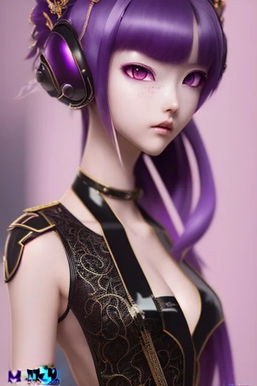 Detailed cute anime Kunoichi girl, purple hair buns, purple bangs, black latex bodysuit, intricate details, full body portrait, keep head in frame, slight smile, black Japanese motif, concept art, highly detailed, digital painting, concept art, sharp focus, illustration, art by Yoji Shinkawa, WLOP and greg rutkowski and alphonse mucha and artgerm and yanjun Chen and Junji ito and Makoto Shinkai, HDR, octane render