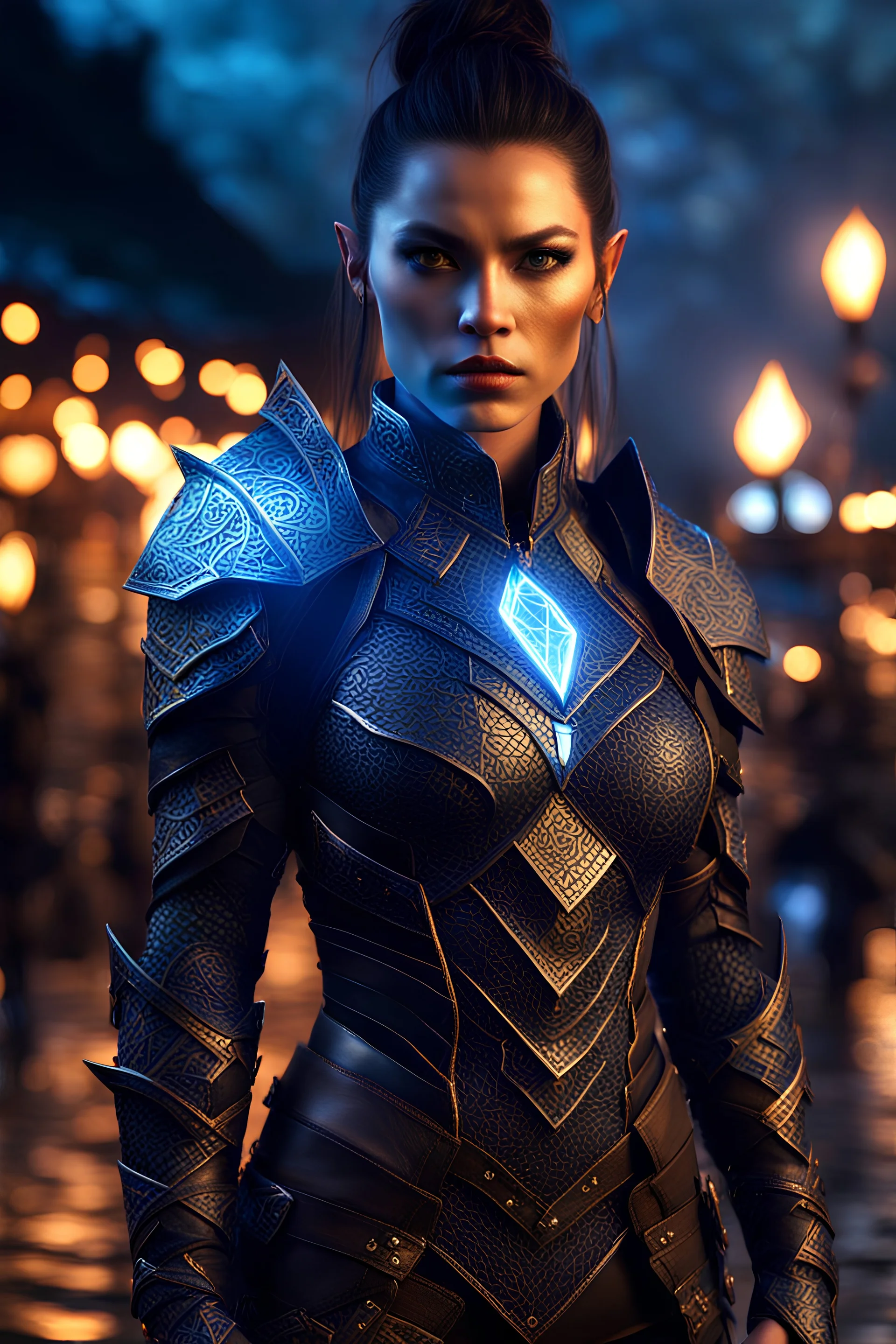 supermodel, lightning crackle around her body, female gorgeous orc, dark high ponytail hair, detailed glowing ornamental magical pattern armor, glowing gem crackling with lightning implanted on leather armor, 8k, high detail, market background, midnight, facing viewer, front facing