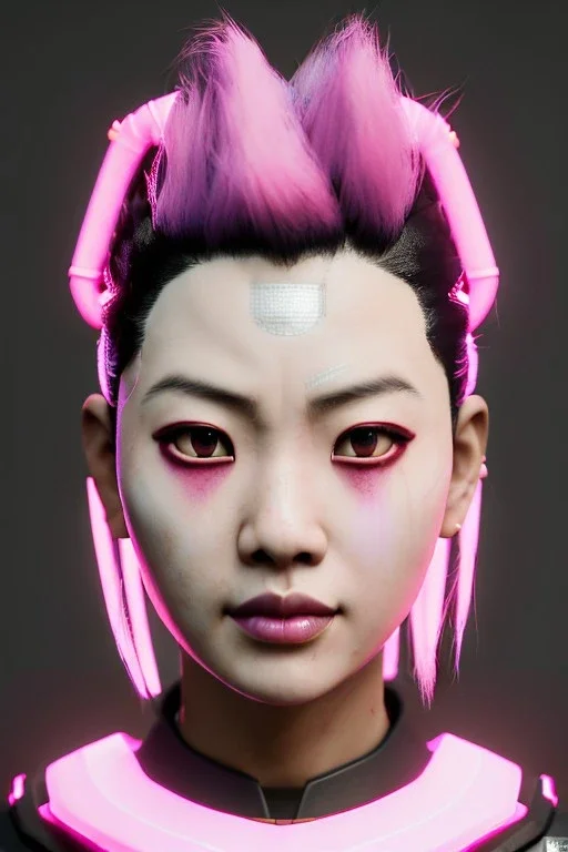 portrait, Asian cyborg woman, samurai warrior :: symmetry photography, cyberpunk style, pink hair, glow makeup:: black samurai army, katana, japanese traditional ornaments, pink, white, black, glow eyes, cinematic, Ultra realistic, dark scene, soft color, highly detailed, unreal engine 5, RTX, ultra detail, 3d, finely drawn, high definition.