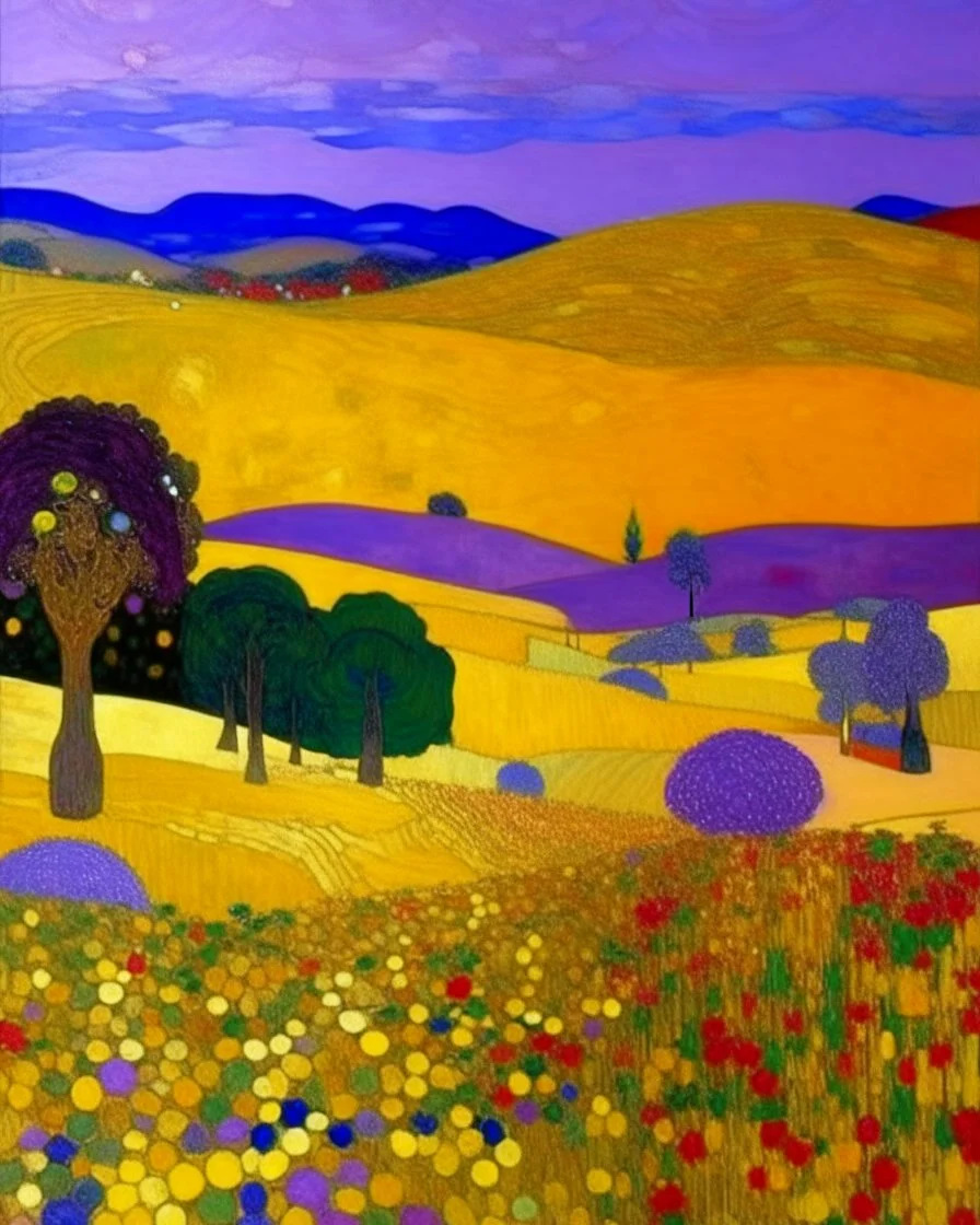 A violet desert near an oasis painted by Gustav Klimt