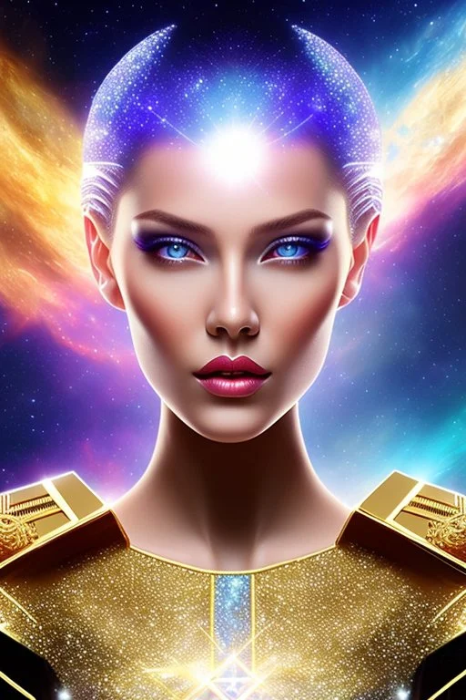 Beautiful tall woman Pleiadian galactic commander, ship, perfect detailed face, detailed golden galactic suit, high rank, long blond hair, hand with five perfect detailed fingers, amazing big blue eyes, smiling mouth, high definition lips, cosmic happiness, bright colours, blue, pink, gold, jewels, realistic, real photo, bright and sunny background, very detailed, high contrast, high definition 8k, pixel 512X512, unreal engine 5, extremely sharp details, light effect, br