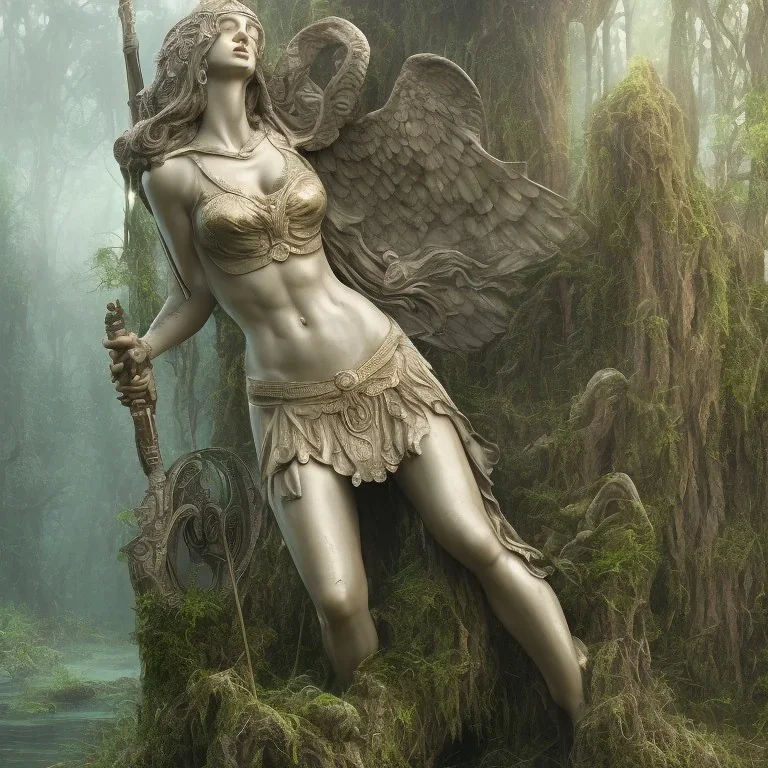 statue goddess athena abandoned, between moutain, swamp, water, glass, fog, highly realistic, highly detailed, intricate, 8k