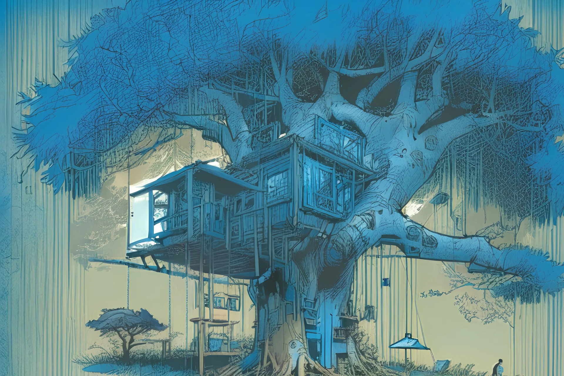 Blueprint treehouse, comic book,