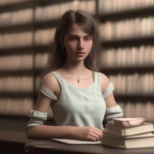 studying girl in library, ultra detail, curl hair, realistic photo, unreal engine, cinematic lighting --ar 1:1 creative