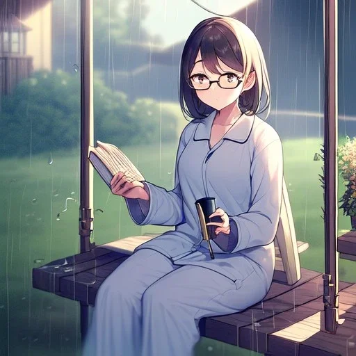 anime girl sitting on a porch swing of an old house, journaling, wearing pajamas,sitting next to a cup of coffee, writing in a book, shes watching it rain, more detail on hands and her face,shes deep in her thoughts, wearing glasses, rain drops