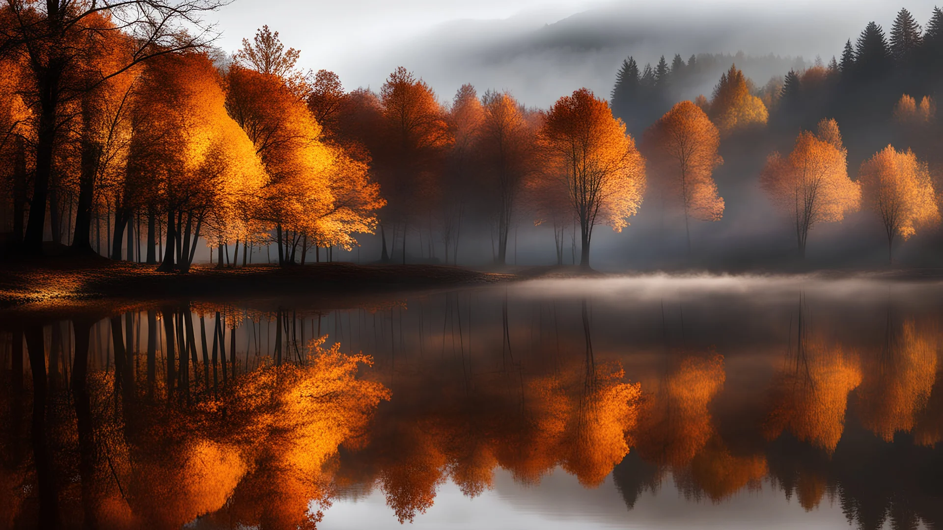 mist shadows,autumn season,brown colors,reflections,dramatic scene