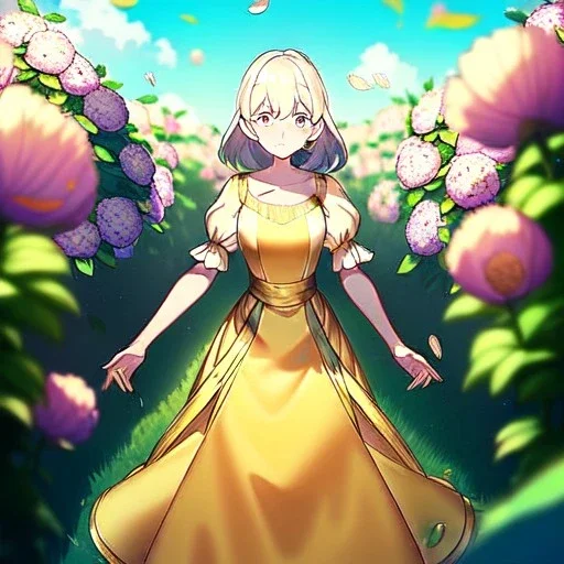 anime girl holding on to a dried dandelion flower and blowing the dried seeds into the air as the wind carries them away. outdoors scene.anime girl standing in a meadow of flowers. thw wind is blowing flower pedals into the wind. girl wearing yellow dress. more emphasis on seeds floating in the air. lots of seeds floating the air