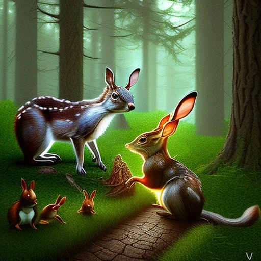 fantasy art, book illustration, "As you ride deeper into the forest, you begin to see signs of wildlife. A deer dashes across the trail ahead of you, and you hear the rustling of leaves as a squirrel scurries up a nearby tree. You also spot a group of rabbits playing in a clearing, and you watch as they chase each other in a blur of brown fur."