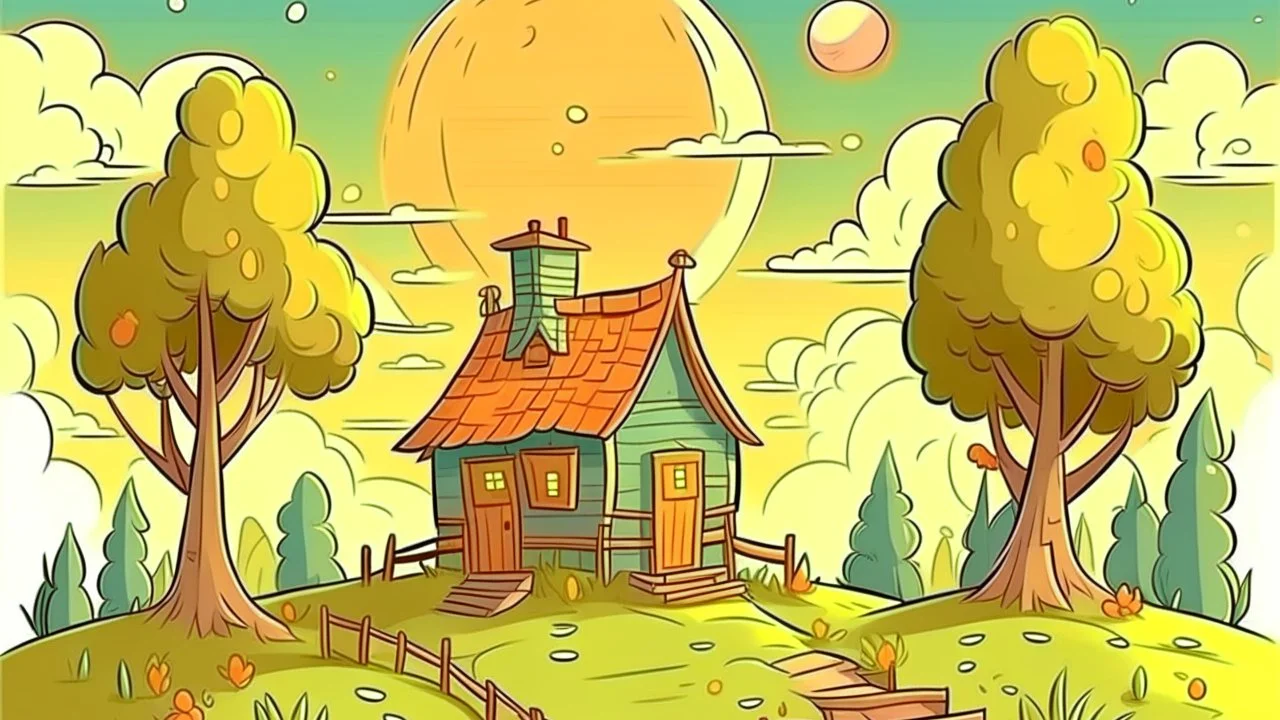 Cartoon style: far far away on the horizon between trees, a small wooden house