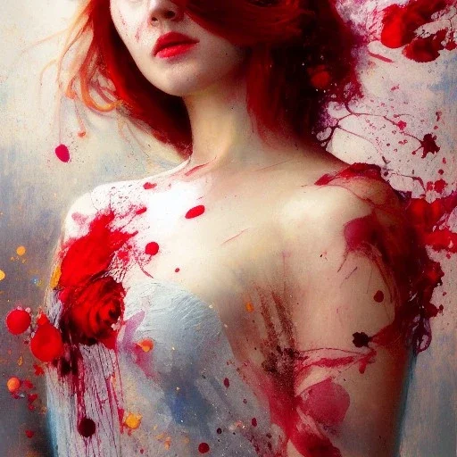 Red, beautiful redhead girl, roses, paint splatter, Jeremy Mann, Pino Daeni, Alphonse Mucha and Alex Maleev and Liz Gael, oil splash, Paint Strokes, Ink Drip, a masterpiece, 8k resolution highly detailed intricate, black_lineart, sharp focus