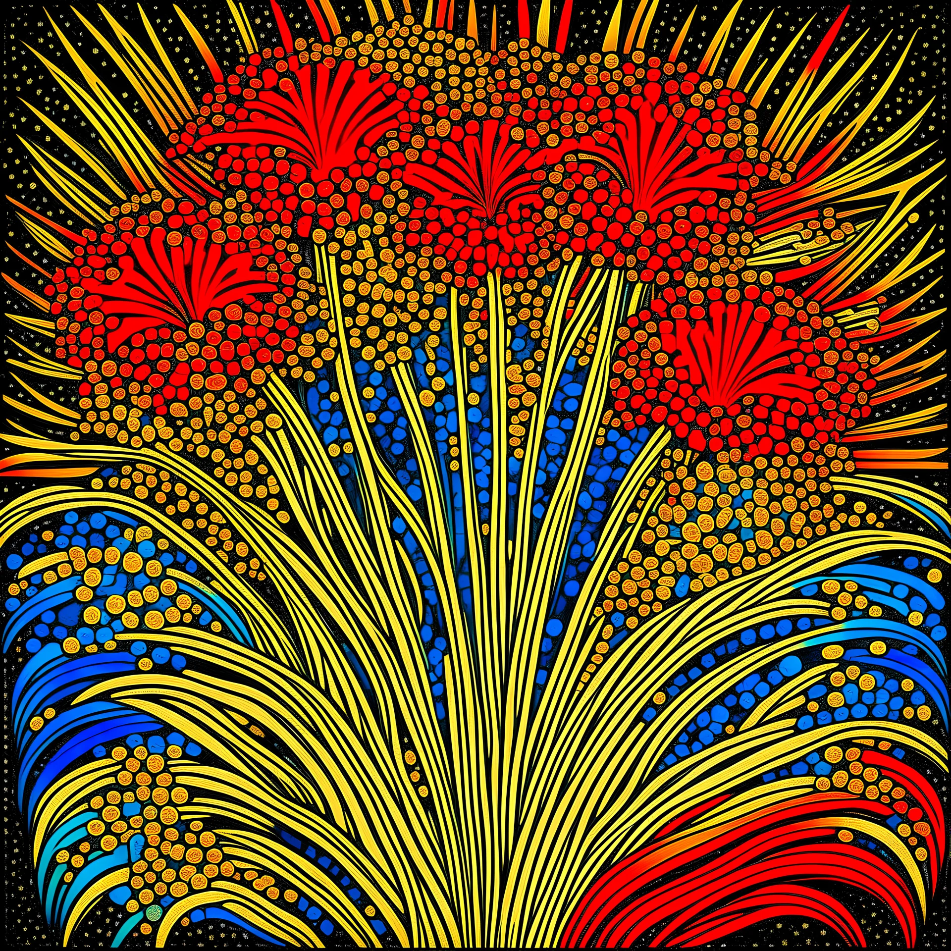 Negativ de Fotografie ,cu expunere ultra lungă)) de înaltă calitate, foarte detaliat, natura statica cu corali si taraxacum oficinale , colorat realizat din dungile curcubeului, ultra luminoase stil gravura pe metal, compozitie stilizata , de cavani