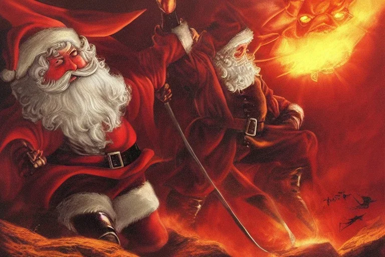 santa claus battling Sauron at Mount Doom