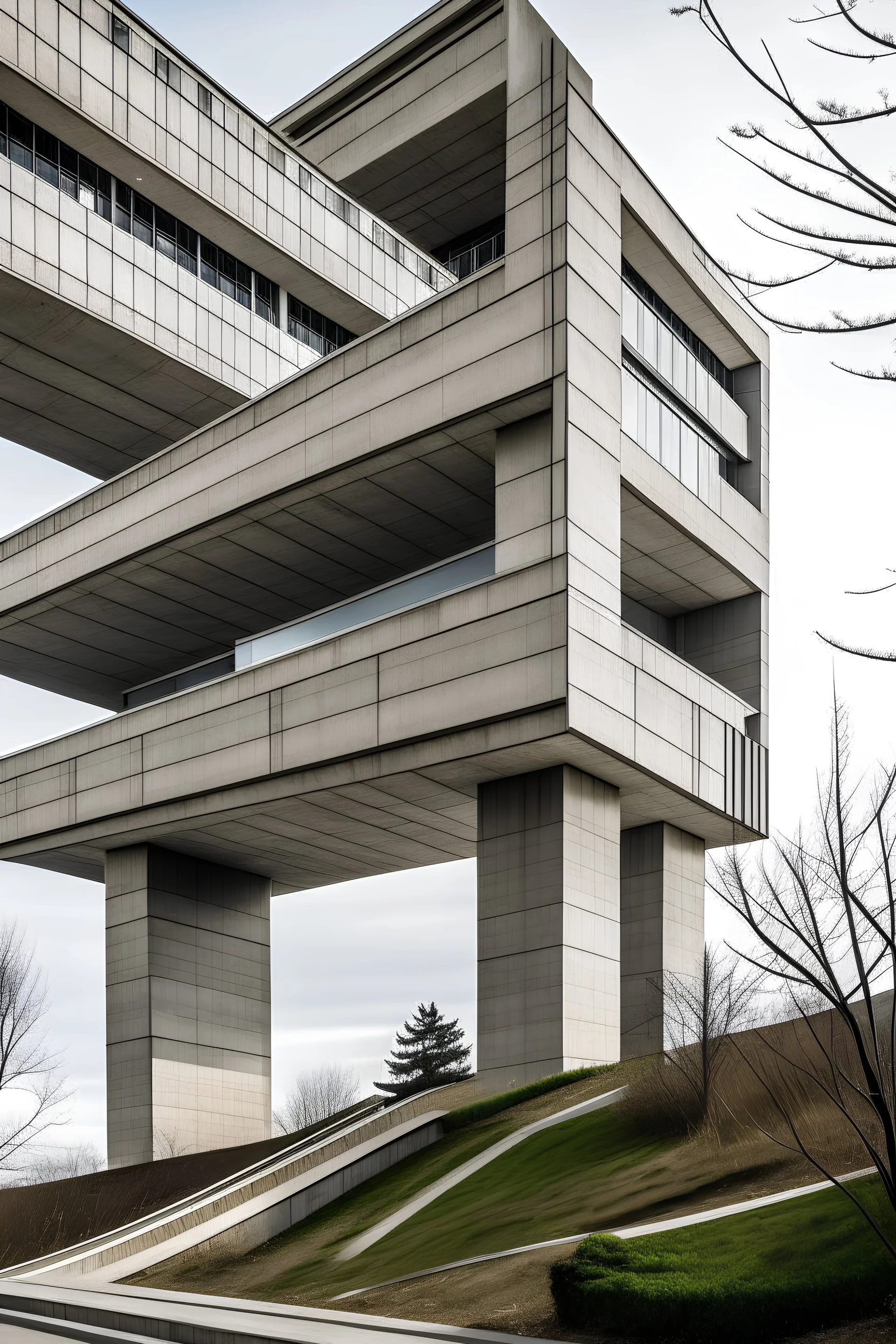 A construction outside with an elongated shape in the style of concrete brutalism