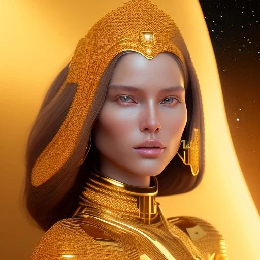 beautiful cosmic golden woman, long hair, nice smiling, magic glamour make up, delicate colors, beautiful glamour galactic golden dress, ultra sharp focus, 8k, unreal engine 5, extremely sharp detail, light effect, soft light atmosphere of a spaceship, smooth, full of details, face in front, complete vision of body