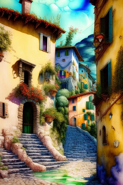 Jean-Baptiste Monge style an old italian town in a hill , sea around, surreal, a masterpiece, razor-sharp focus, dynamic lighting, watercolor and ink concept art extremely detailed psychedelic 8k beautiful high detail high definition colourful matte background Michelangelo Van Gogh colorful dramatic lighting fine art reflections whimsical National Geographic photography Alexander Archipenko Romantic Impressionism Fantasy illustration Romantic realism in sunshine