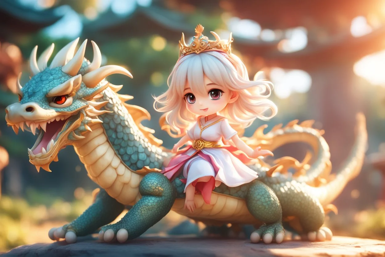 a cute anime chibi princess sitting on a wild chinese dragon and dynamically riding it in sunshine, cinematic postprocessing, bokeh, dof