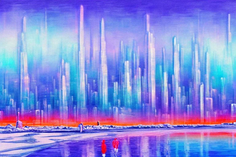 Futuristic city, frozen lake, impressionism painting