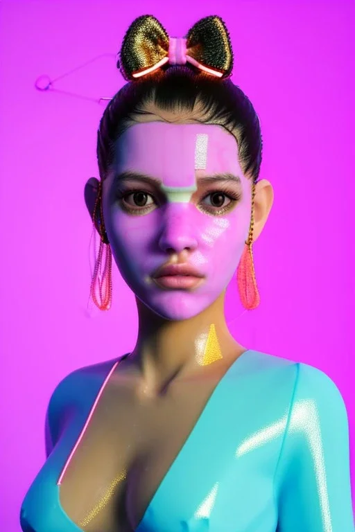 Ultra Realistic image, Rosalía artist, natural body ,portrait, normal complexion, portrait, clean skin, two bows, little chopsticks hair , black eye long line, sweet face, t-shirt with holes, inflatable open coat, gold pink and blue style, spray line glow, big geometric led jewelry, fog, hot, inflatable style latex coat, vibrant color, highly detailed, art stations, concept art, smooth, unreal engine 5, god rays, ray tracing, RTX, lumen lighting, ultra detail, volumetric lighting, 3d.