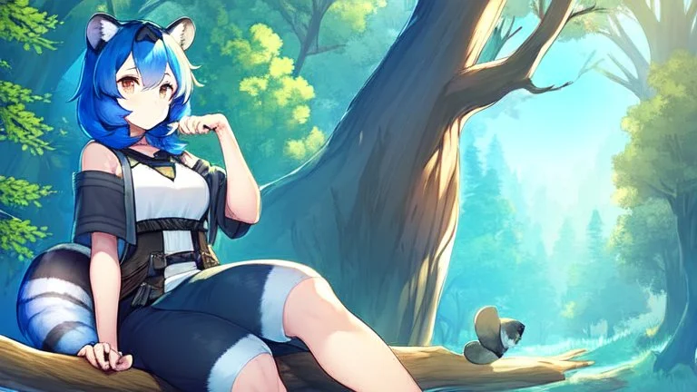 2Girl, blue hair, raccoon ears, raccoon tail, raccoon face, forest, sit on tree, raccoon paws on hand, paws on foot,