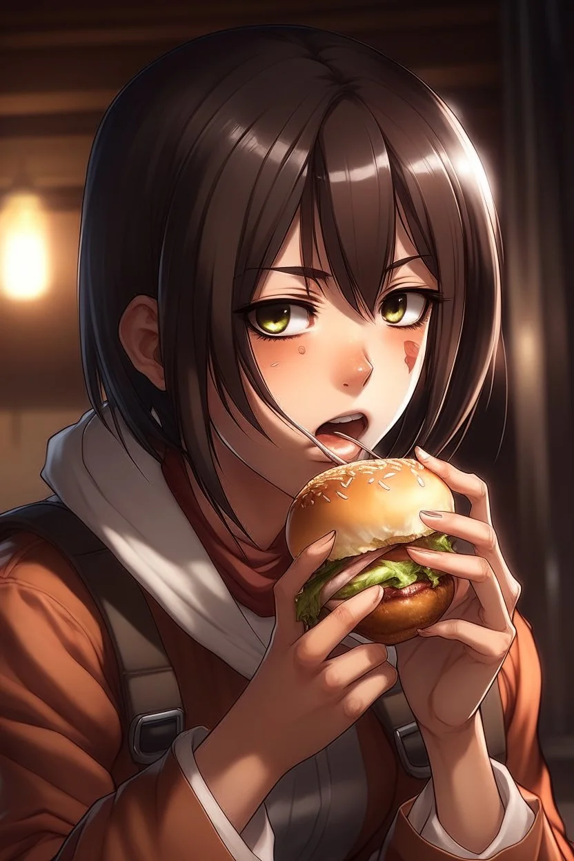 Mikasa from attack on titan eating a burger while drinking boba.