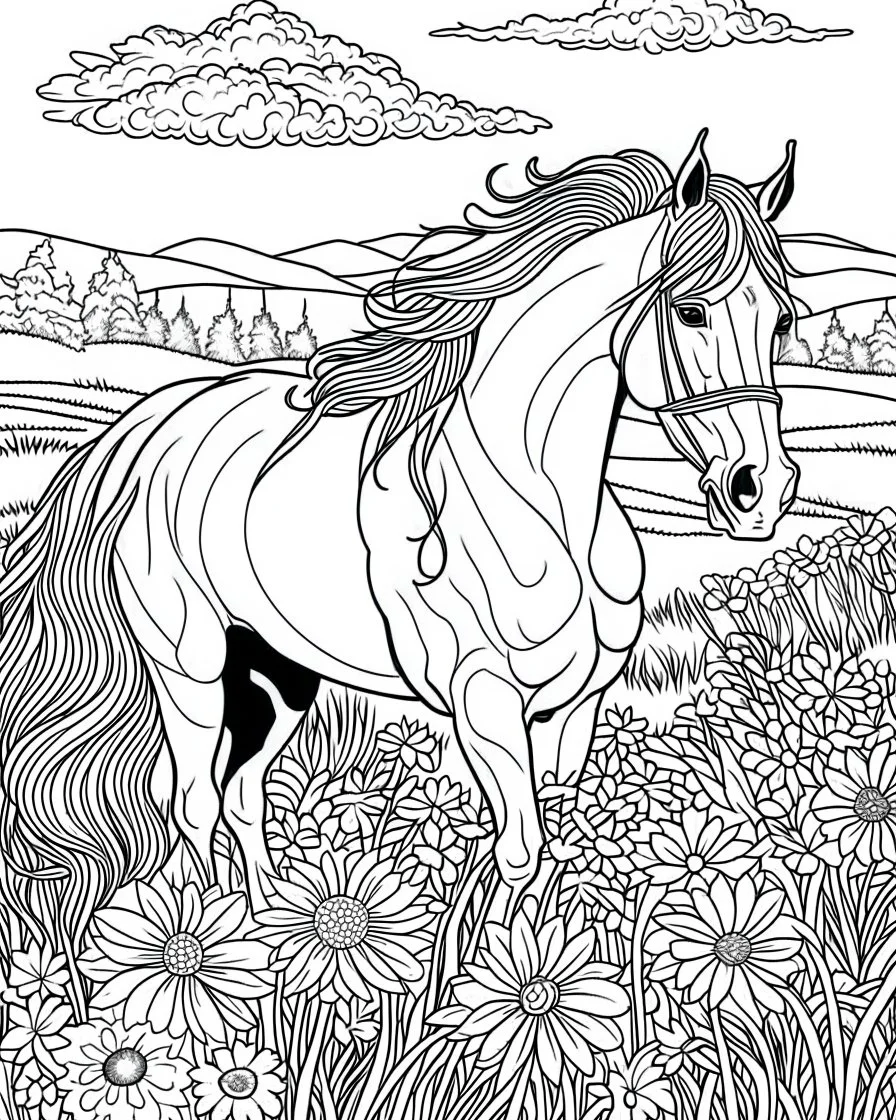 A horse with a flowing mane visiting a meadow. coloring page adult