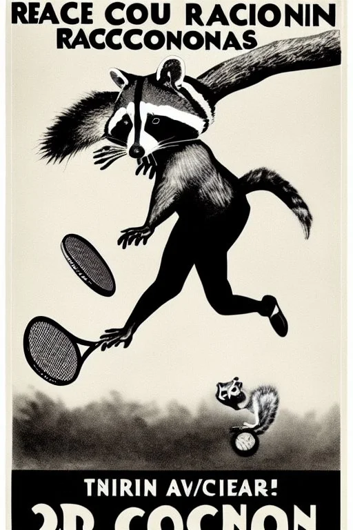 old man in 1928 poster advertising racoon tennis, raccons flying in air between tennis rackets