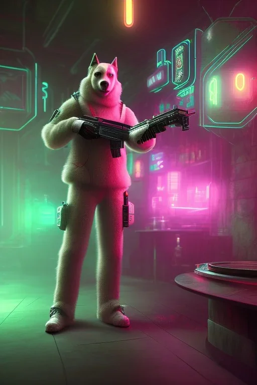 dog holding a gun in a cyberpunk bar, digital art style. fantasy, neon lights, volumetric lighting, particales, wide shot