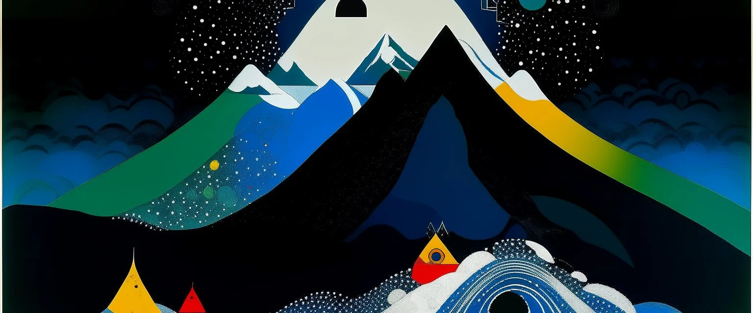 Dark cyan snowy mountain with a racing circuit designed in Javanese shadow puppets painted by Wassily Kandinsky