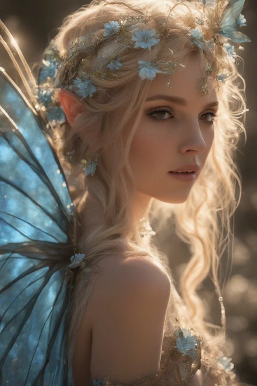 Pointed elven ears,Blonde hair ,Pink dress,Sparkling fairy wings,Very long golden hair,Fairy crown,pointed ears,elven ears,fairy wings,water lilies,sparkling,glittering,flowers,blossoms,golden crown,light pink dress