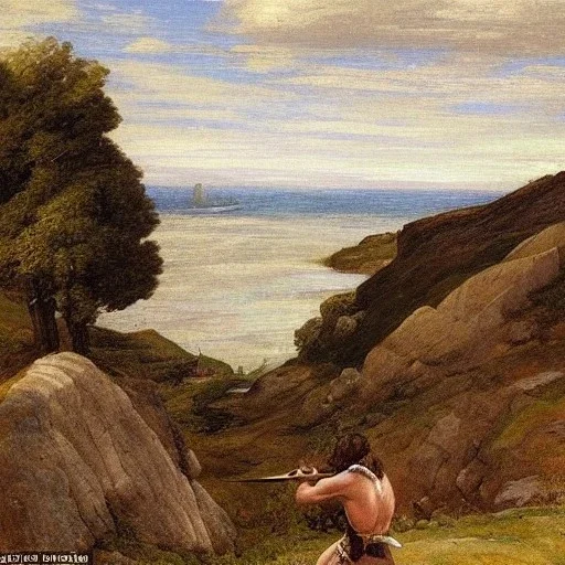 a landscape painting of a [barbarian warrior] holing an ((axe)) on a cliff overlooking the sea by Pre-Raphaelite Brotherhood