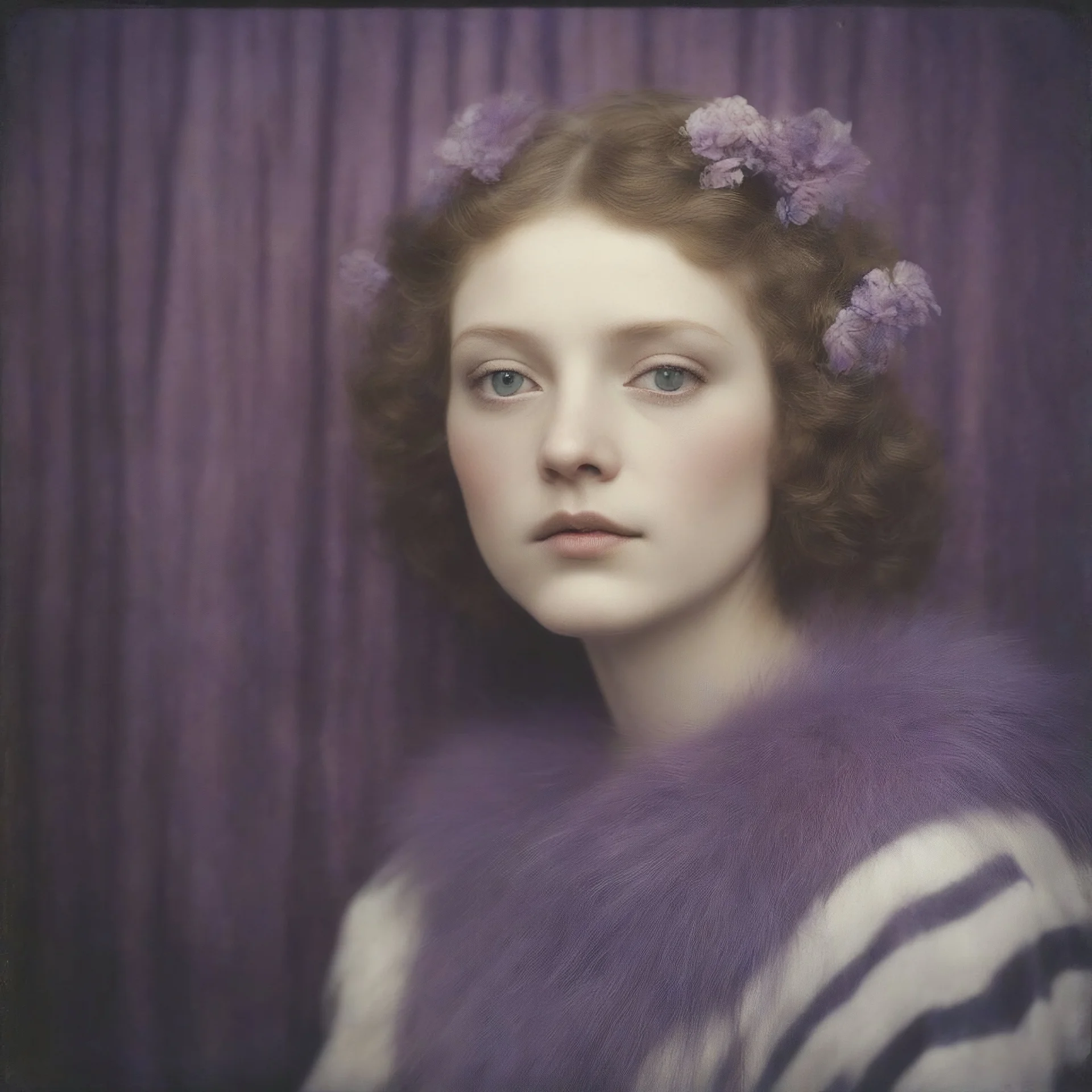 Ophelia, purple fur, striped wallpaper, old autochrome