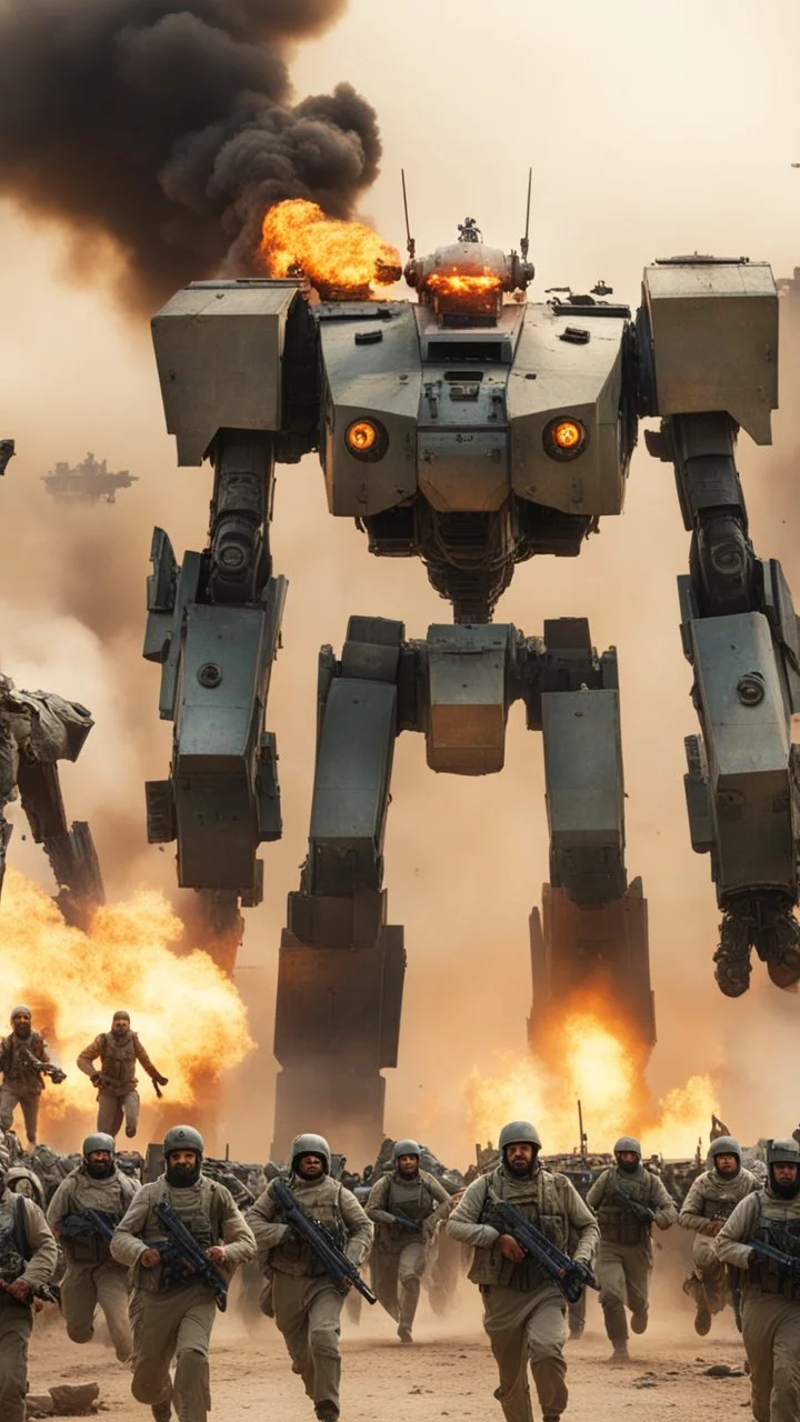 A front view of War of showing thousands of Arabic solders are running away from a distance toward the camera with scary faces and fear from one big giant robot behind them, in the background fires and dead’s and big fights on the ground