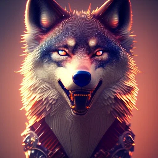 depth of field, Steampunk wolf, extreme detail,ultra realistic,scary, red and blue eyes, Photorealism, macro lens 40mm,bokeh, cinema4d, 8k, unreal engine 5, redshift render, octane render