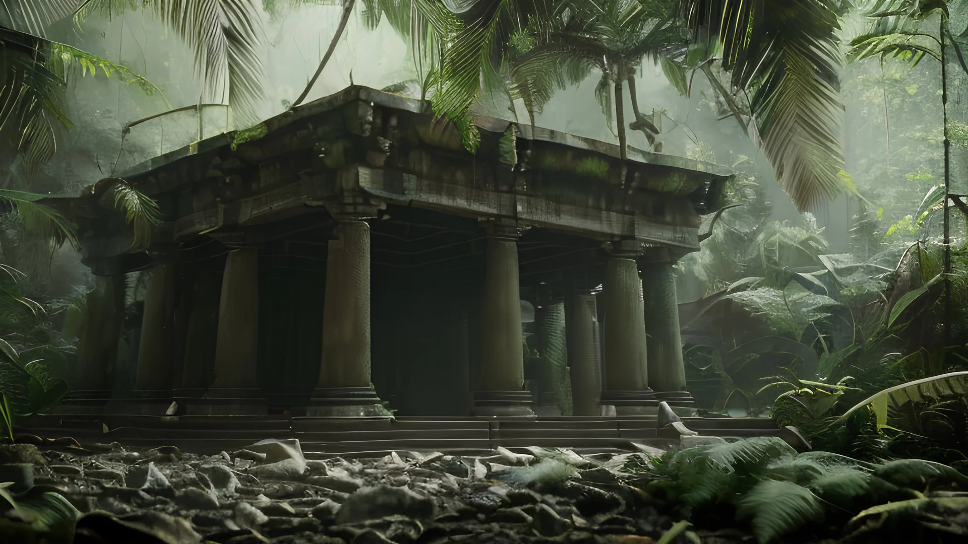 A huge loudspeakersystem beneath a temple in the rainforest