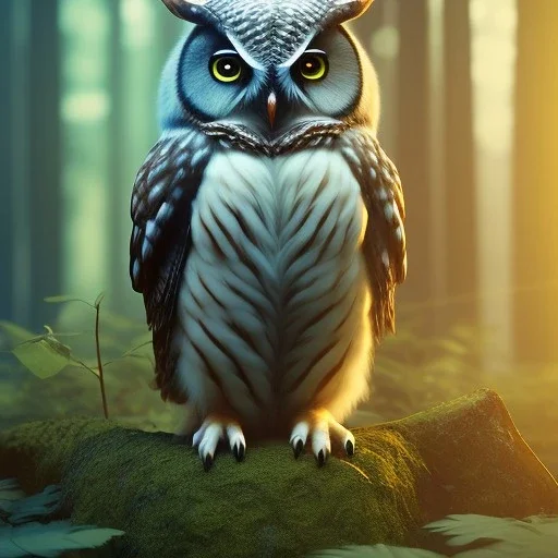 Hyper realistic Owl in forest, macro lens blur, photorealistic,studio lighting, sharp focus,masterpiece,night, unreal engine 5, octane render