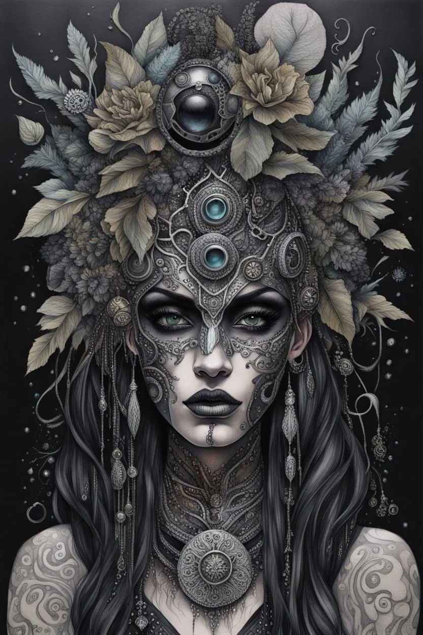 portrait vantblack pouring Acrylic an cyberpunk shaman woman extremely textured botanical-metal faced portrait with a voidcore metal gothica headdress with metallic filigree gothica ornaments around onix stones mineral stone metallic watercolour an black ink filigree silver voidcore shamanism foral ornaments plants and tree branches black ink on half face masque gothica filigree voidcore athmospheric organic bio spiral ökoart creepy stunning