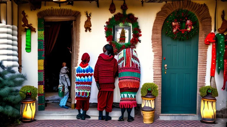 Setting: The scene unfolds at the entrance of a cozy Ethiopian home decorated for Christmas. The door is adorned with festive decorations such as twinkling lights, a wreath, and possibly traditional Ethiopian holiday decor. Characters: The three best friends consist of one woman and two men. They are all dressed in comfortable and stylish winter clothing with a touch of cultural elements. Activities: The friends are gathered by the door, engaging in lively conversation and laughter. They shar
